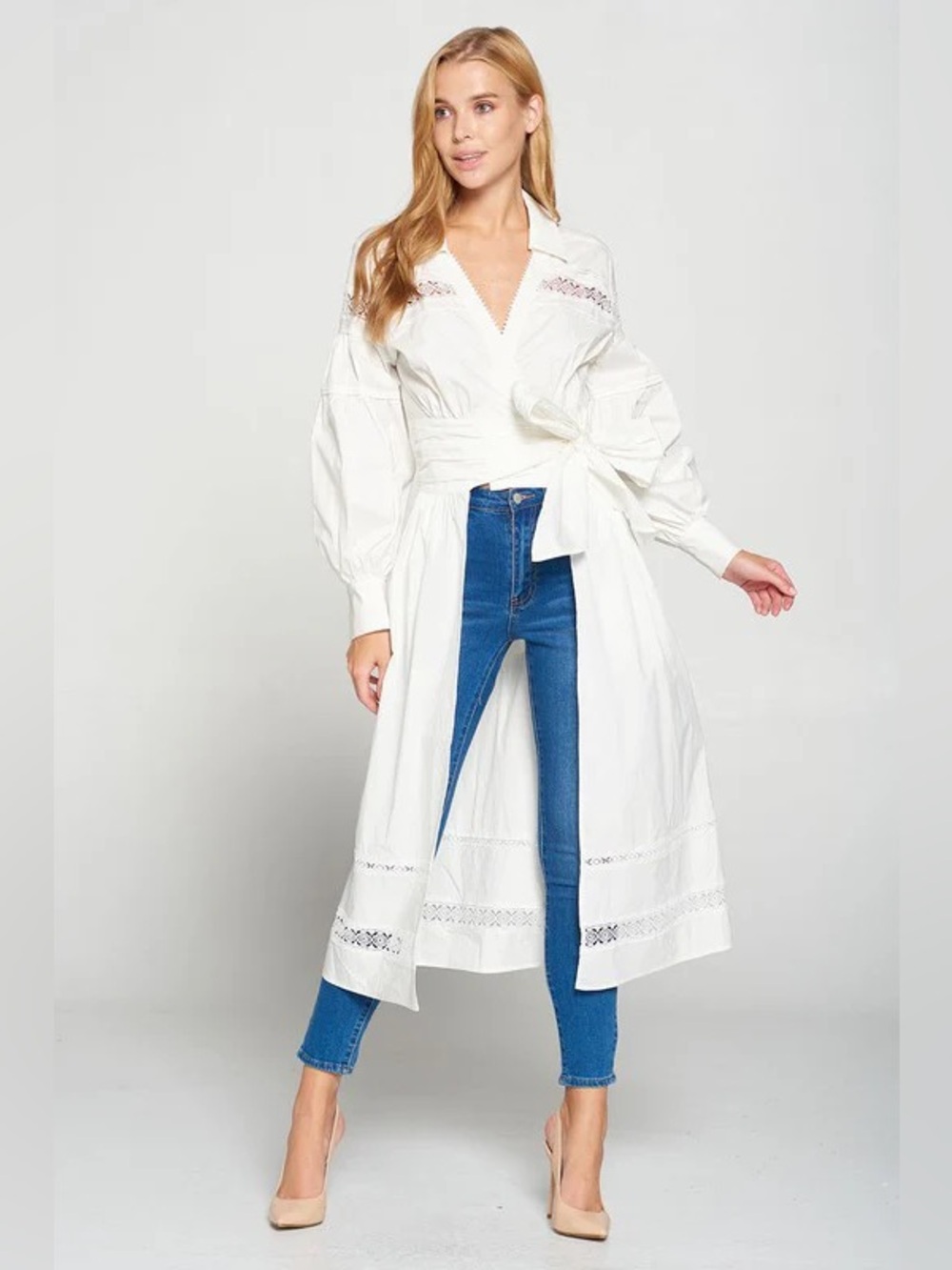 New York & Company Ivory Lace-Trim Balloon Sleeve Wrap Long Blouse Size Medium